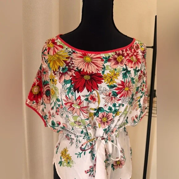 Anthropologie Floral Dolman Sleeve Crop Blouse Top Small Tassels Size XS - Picture 2 of 12